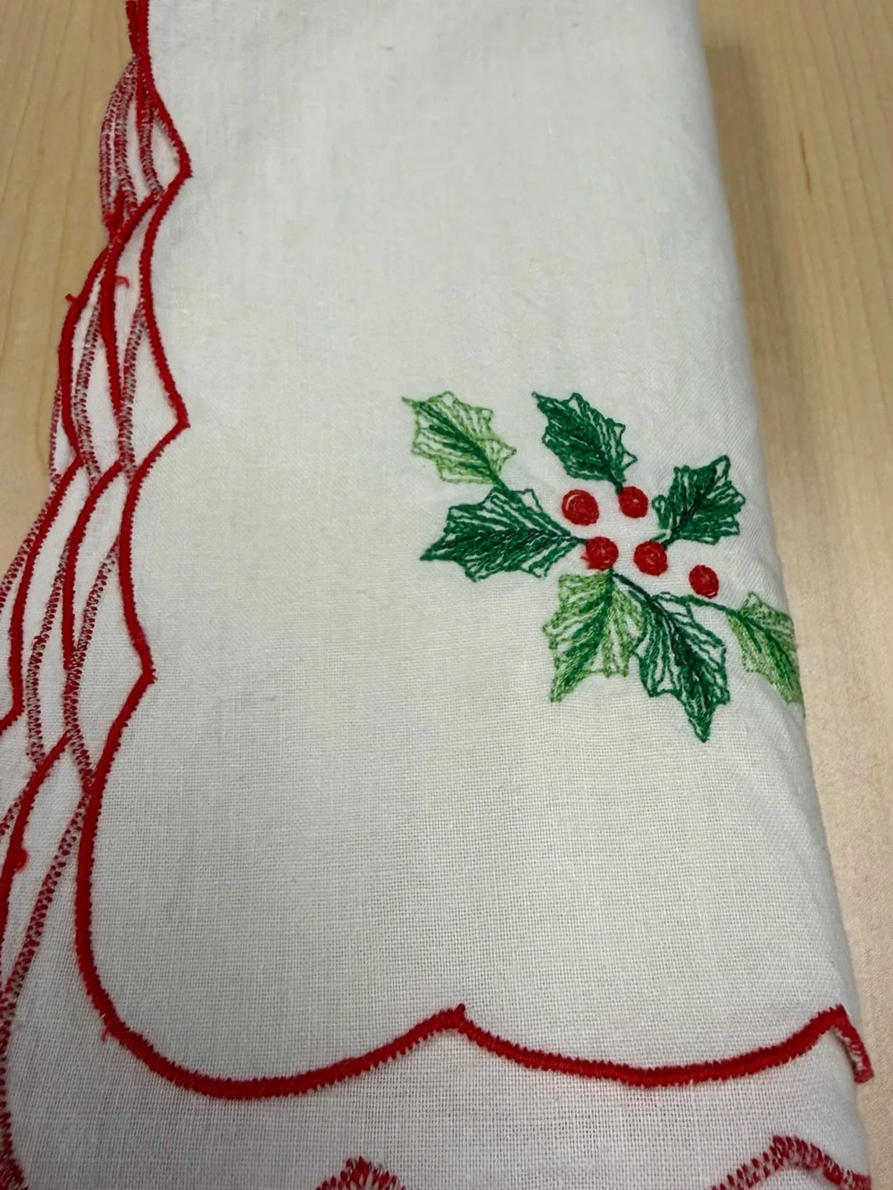 Embroidered Holly Cotton Holiday Napkins - Set of Six (6)